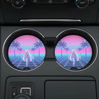 Vaporwave Anime Girl Retro Palm Grid Car Coasters Set - Road Muse