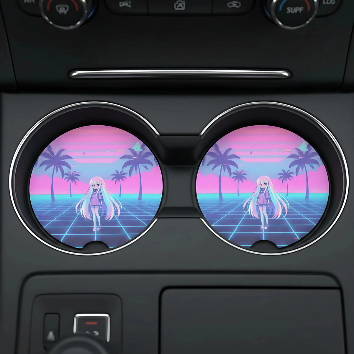 Vaporwave Anime Girl Retro Palm Grid Car Coasters Set - Road Muse