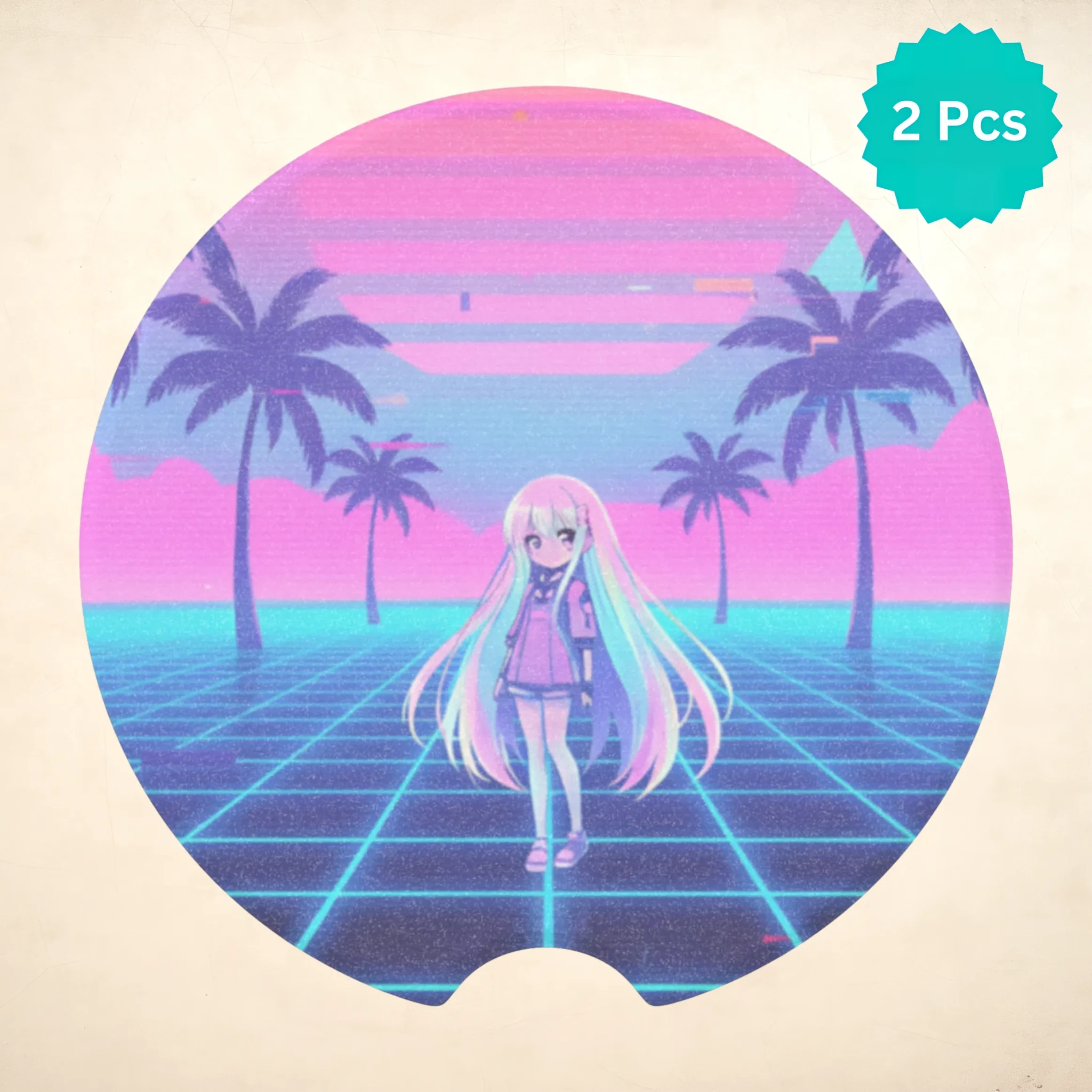 Vaporwave Anime Girl Retro Palm Grid Car Coasters Set - Road Muse