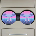 Vaporwave Anime Girl Retro Palm Grid Car Coasters Set - Road Muse