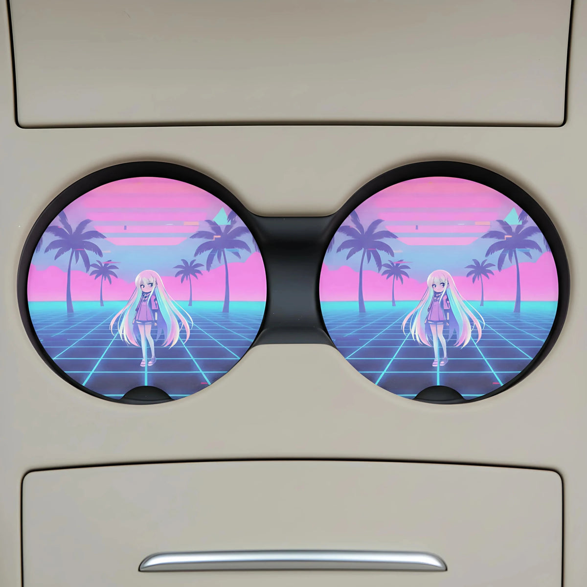 Vaporwave Anime Girl Retro Palm Grid Car Coasters Set - Road Muse