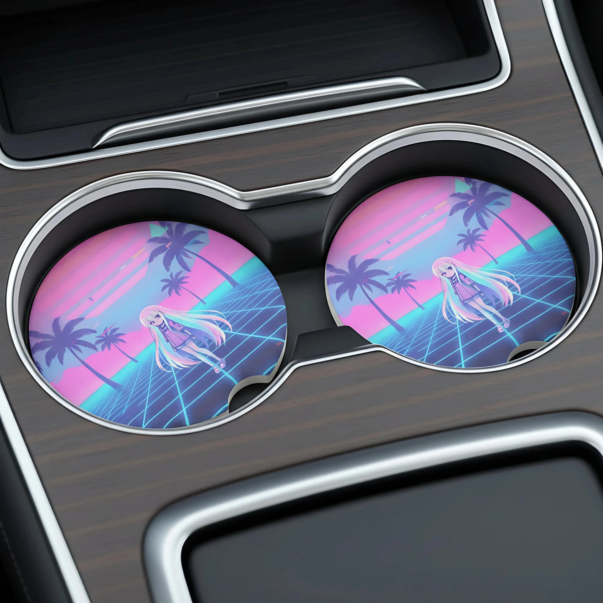 Vaporwave Anime Girl Retro Palm Grid Car Coasters Set - Road Muse