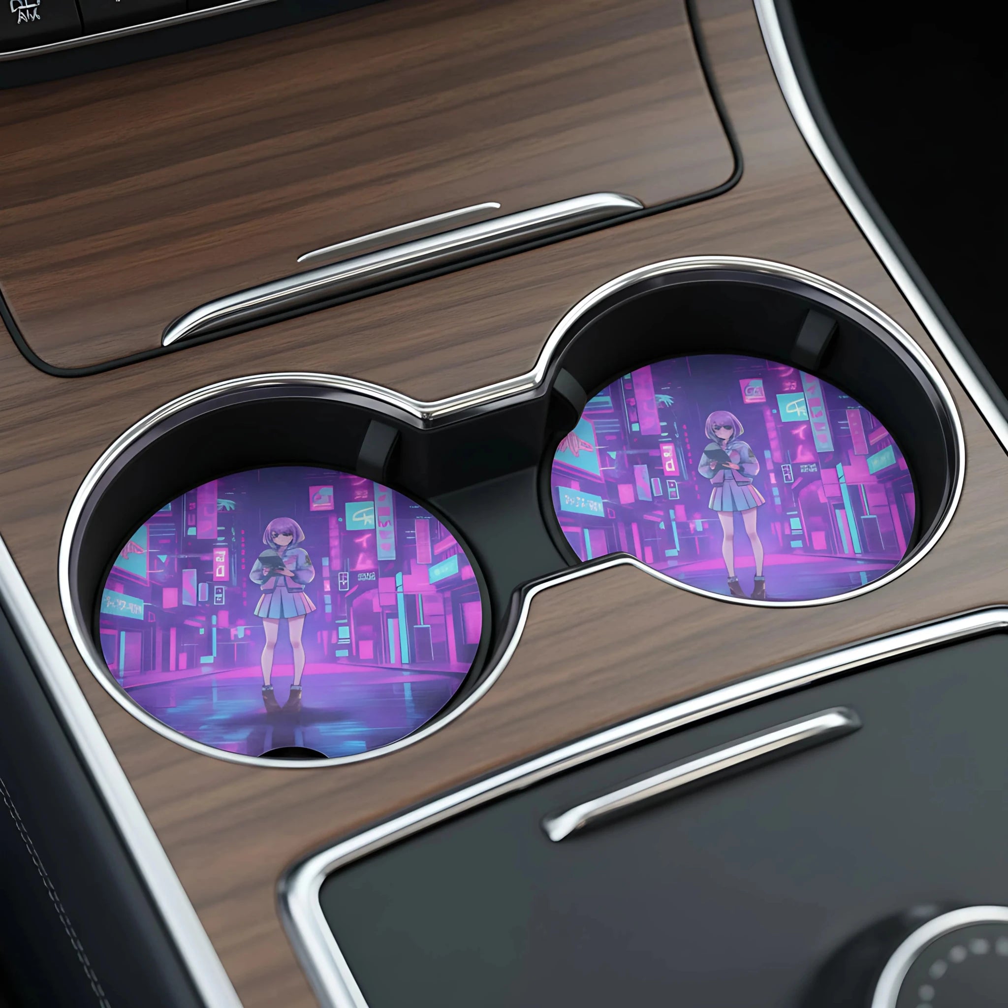 Vaporwave Neon City Girl Car Coasters Set - Road Muse