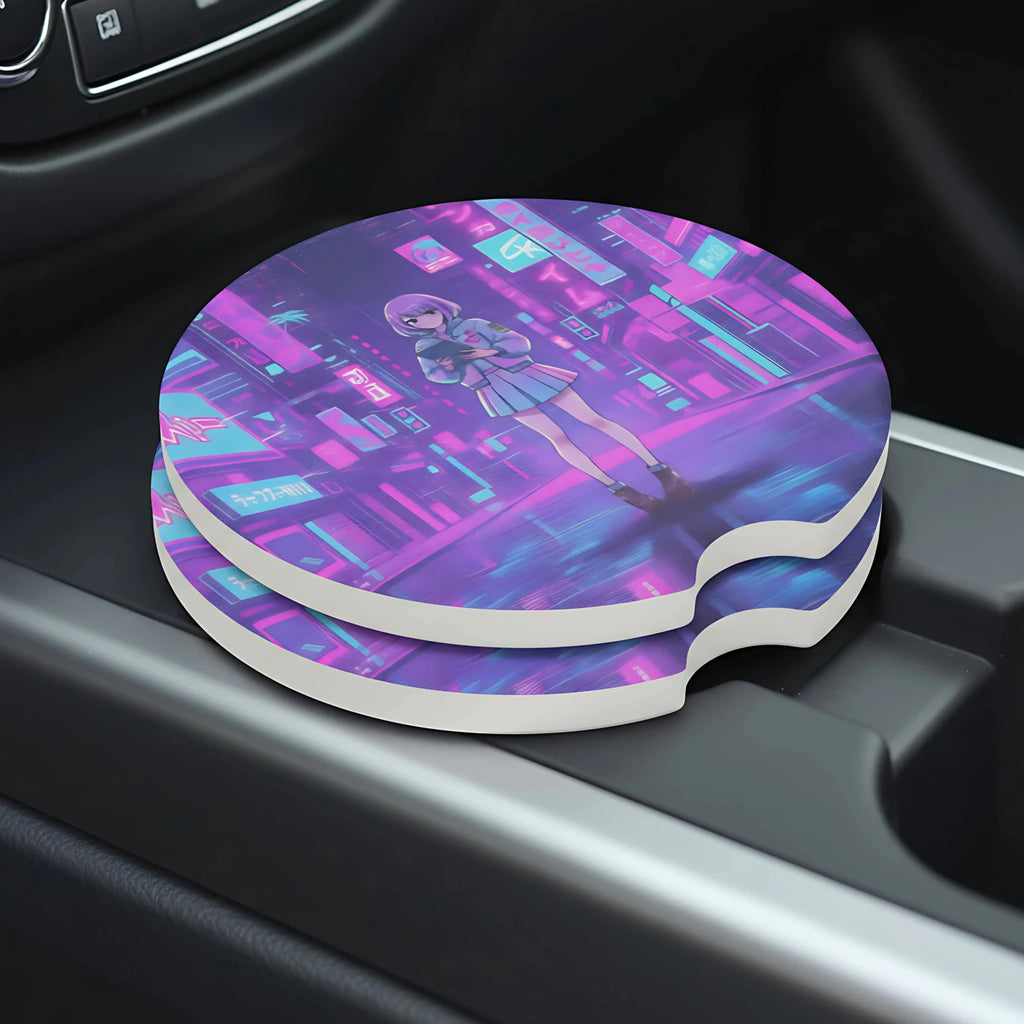 Vaporwave Neon City Girl Car Coasters Set - Road Muse