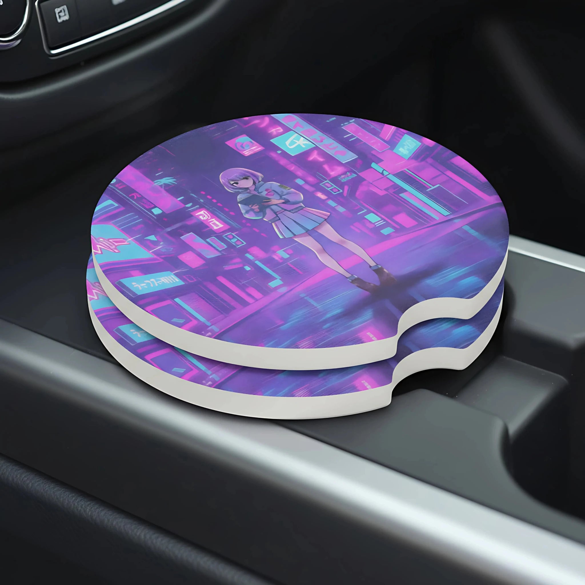 Vaporwave Neon City Girl Car Coasters Set - Road Muse