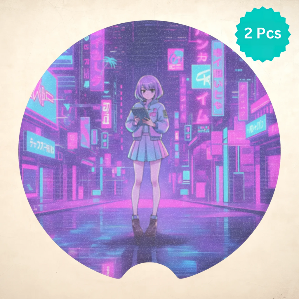 Vaporwave Neon City Girl Car Coasters Set - Road Muse