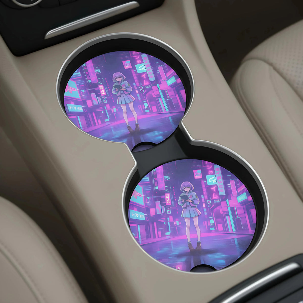 Vaporwave Neon City Girl Car Coasters Set - Road Muse