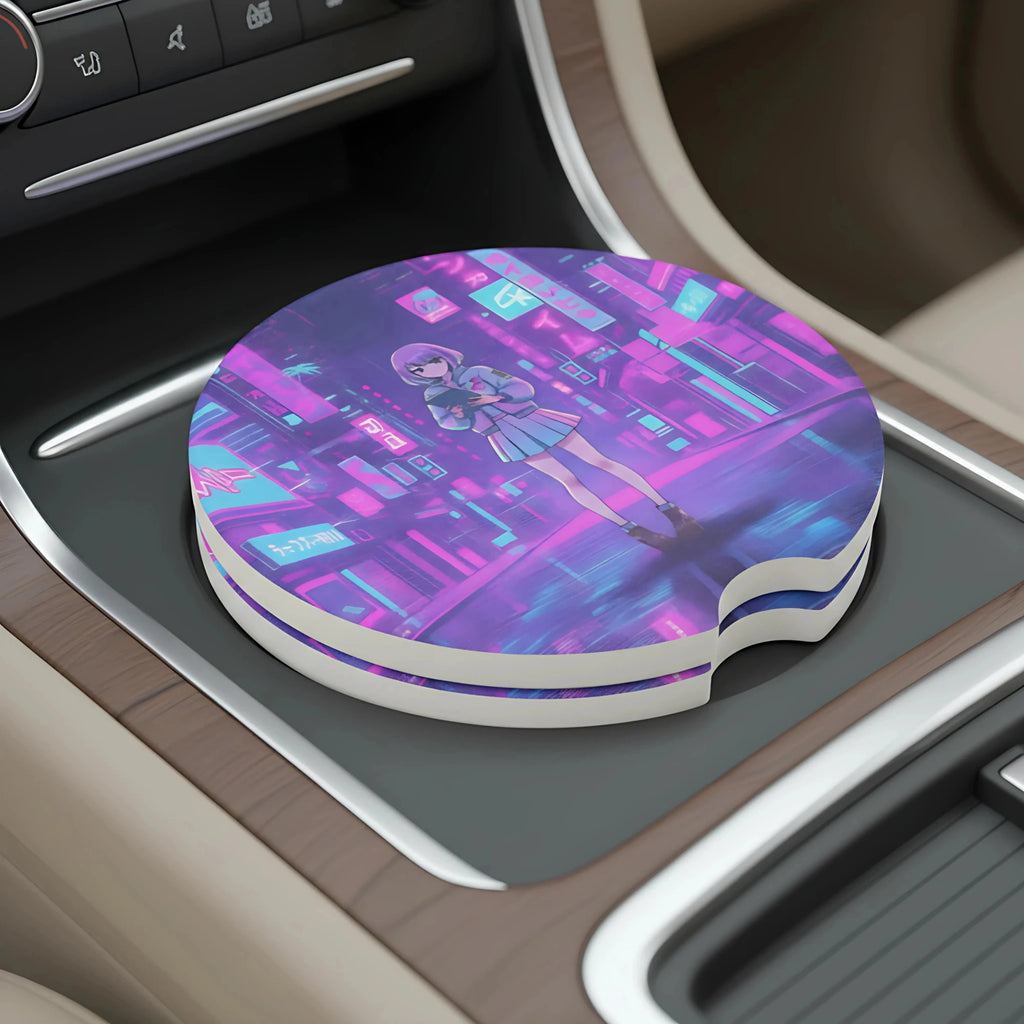 Vaporwave Neon City Girl Car Coasters Set - Road Muse