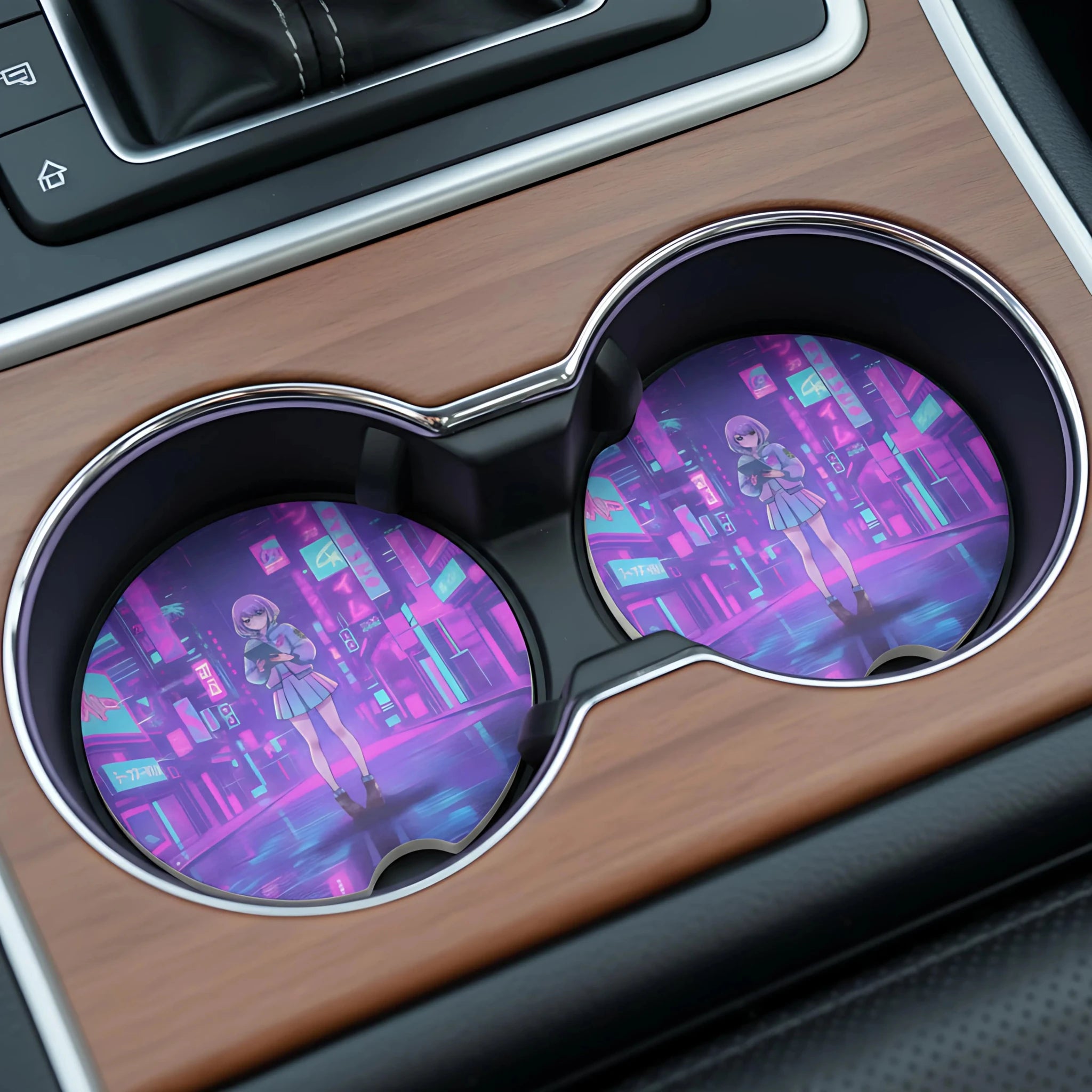 Vaporwave Neon City Girl Car Coasters Set - Road Muse
