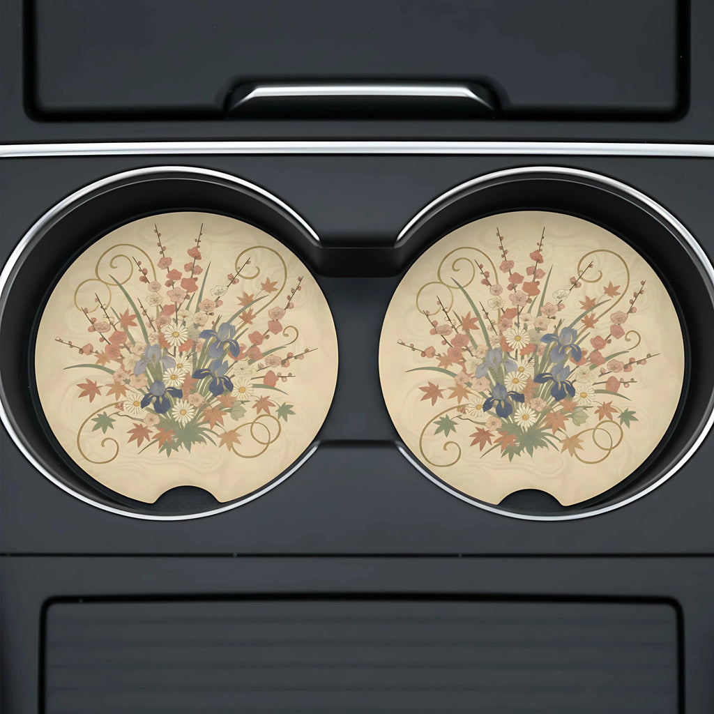 Vintage Blue Terracotta Floral Car Coasters Set - Road Muse