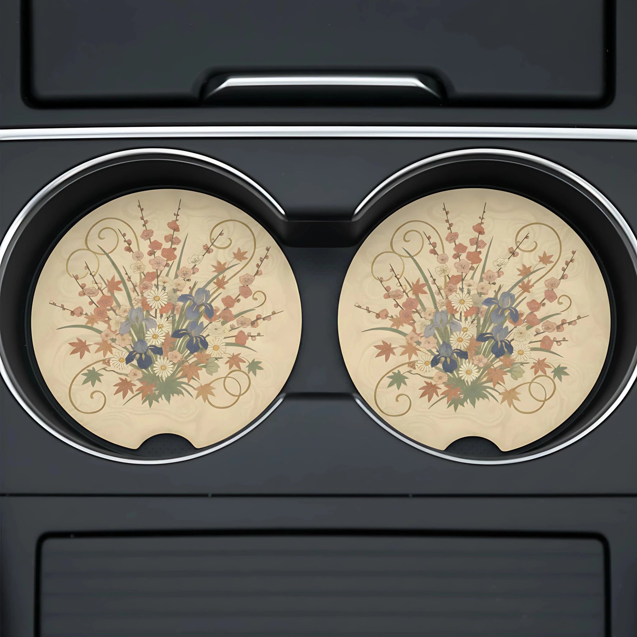 Vintage Blue Terracotta Floral Car Coasters Set - Road Muse