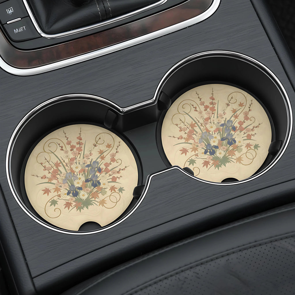 Vintage Blue Terracotta Floral Car Coasters Set - Road Muse