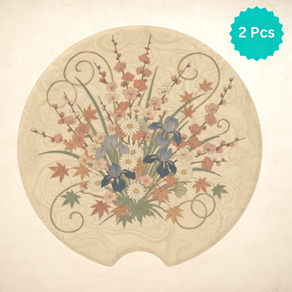 Vintage Blue Terracotta Floral Car Coasters Set - Road Muse