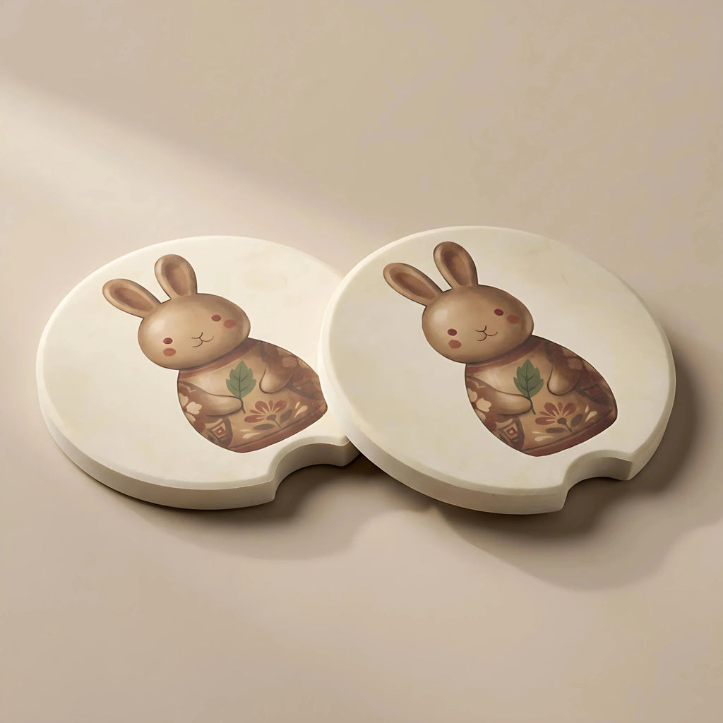Vintage Bunny Illustration Car Coasters Set - Road Muse