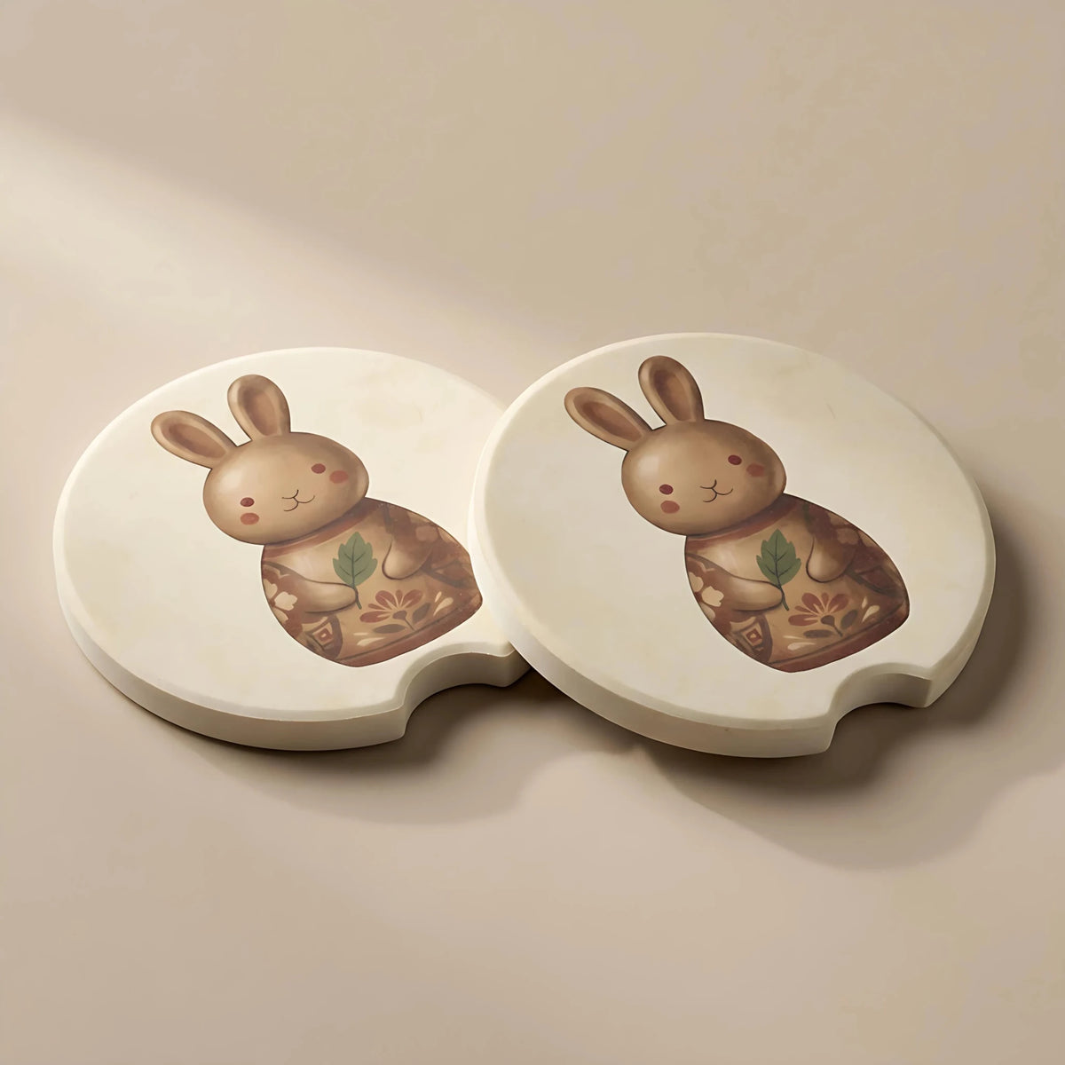 Vintage Bunny Illustration Car Coasters Set - Road Muse