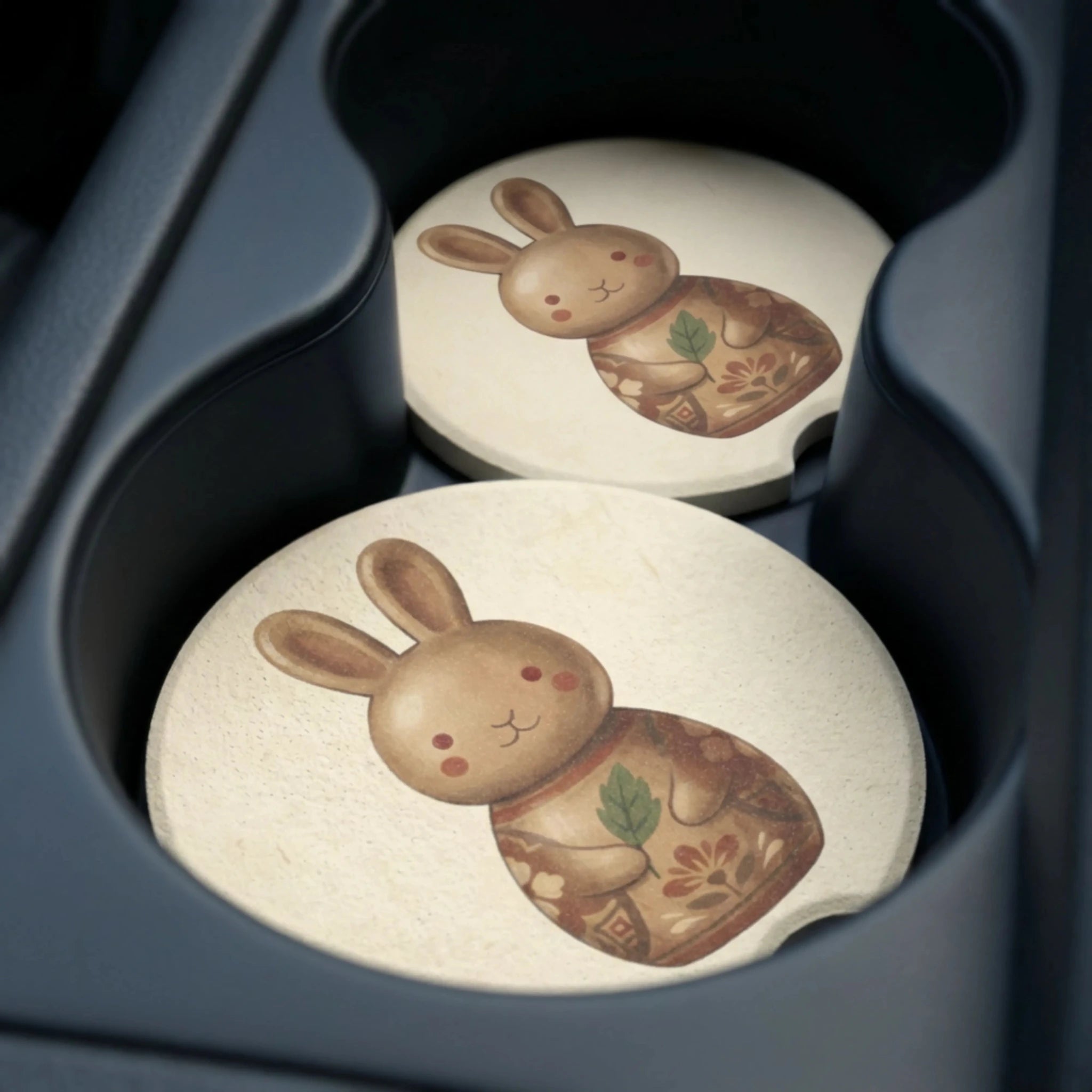 Vintage Bunny Illustration Car Coasters Set - Road Muse