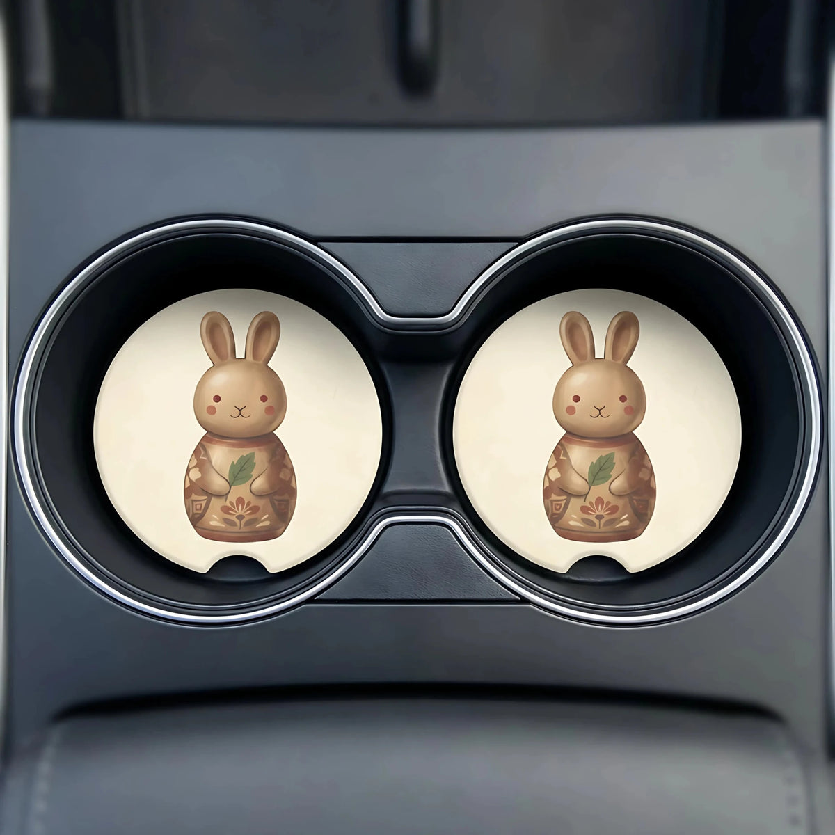 Vintage Bunny Illustration Car Coasters Set - Road Muse