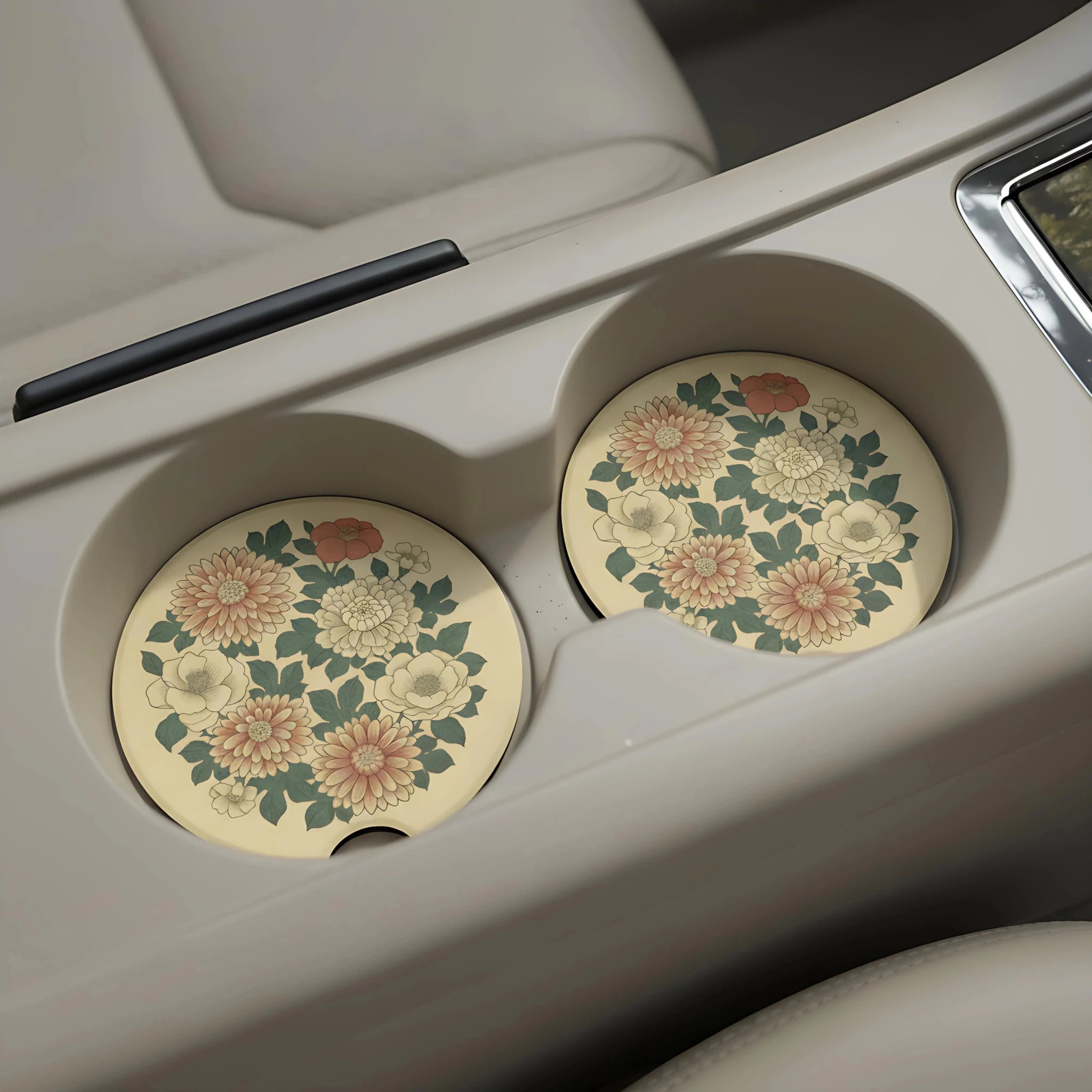 Vintage Chrysanthemum Car Coasters Set - Road Muse