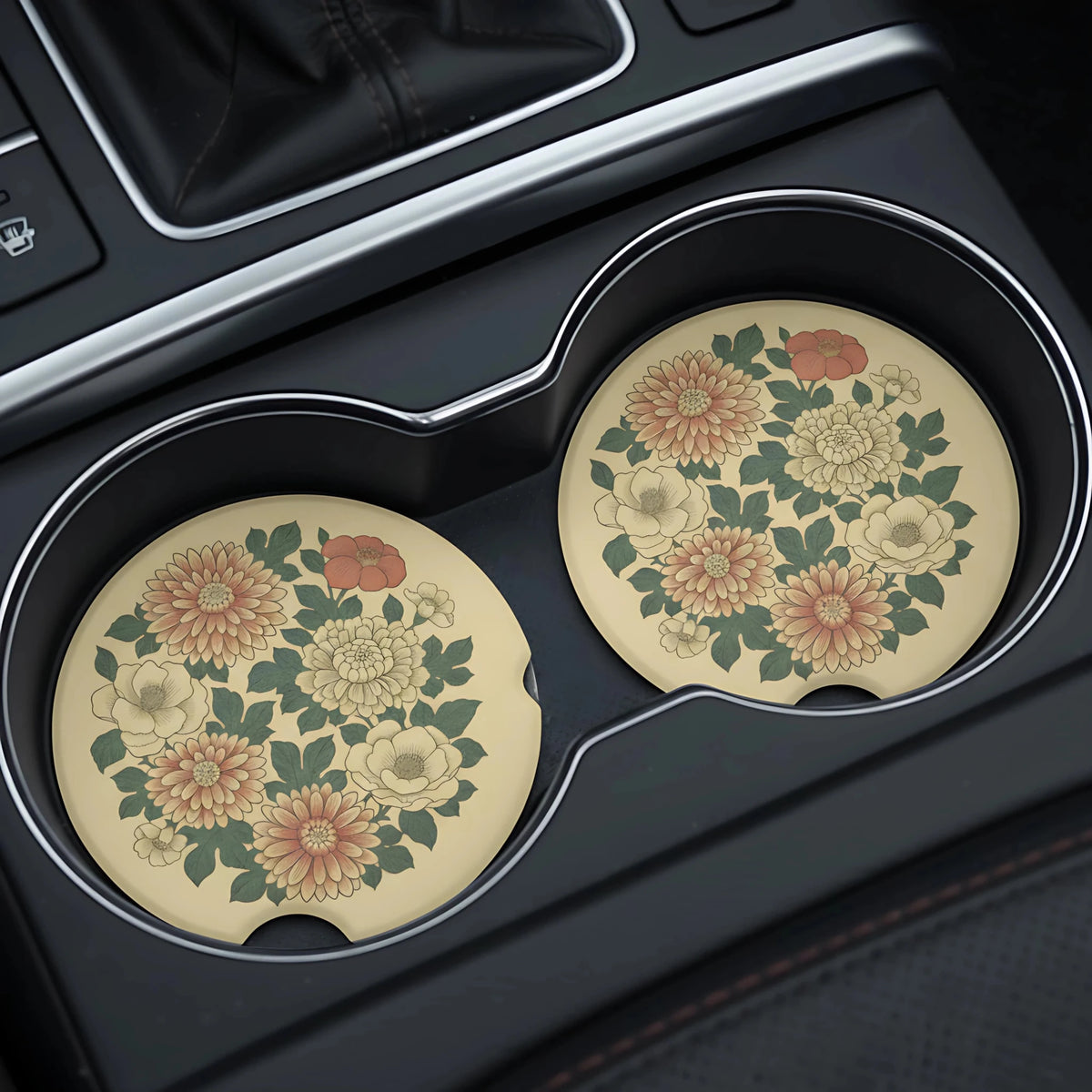 Vintage Chrysanthemum Car Coasters Set - Road Muse
