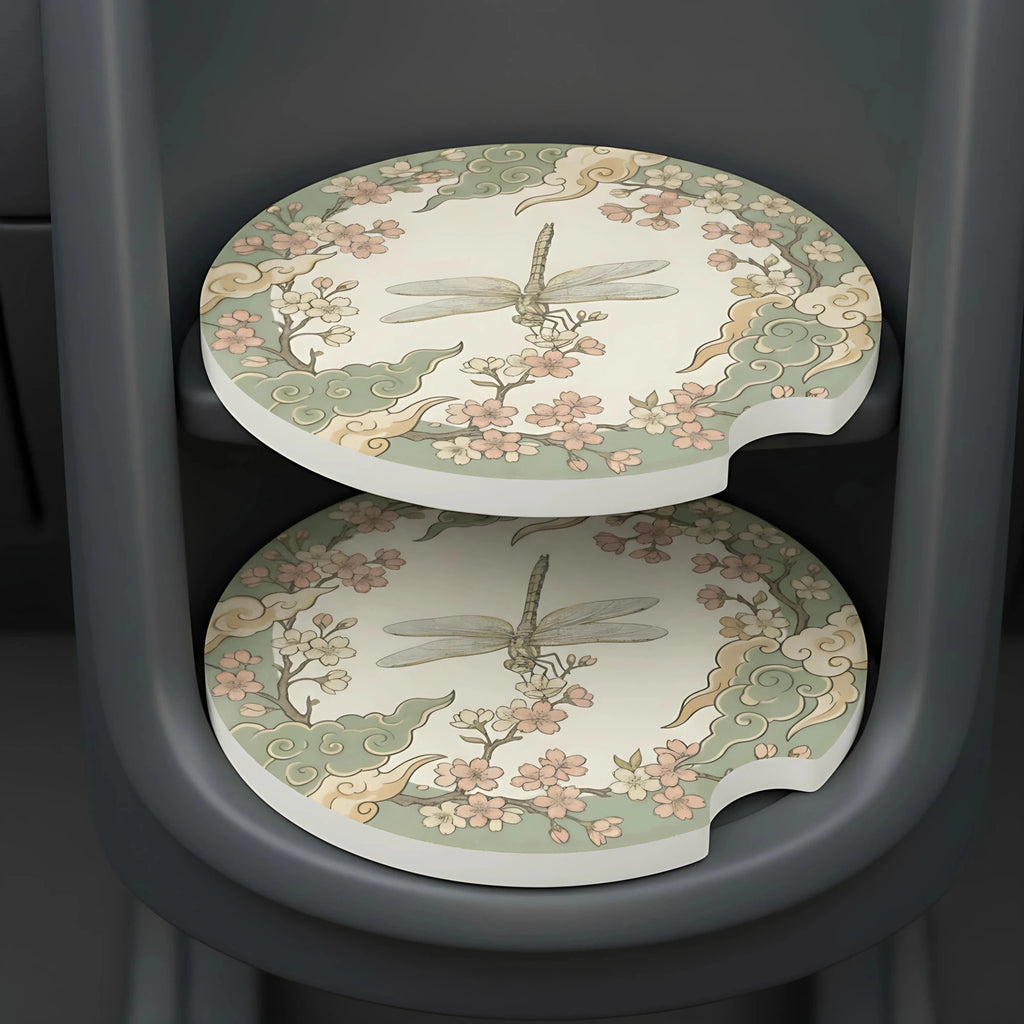 Vintage Dragonfly Floral Car Coasters Set - Road Muse