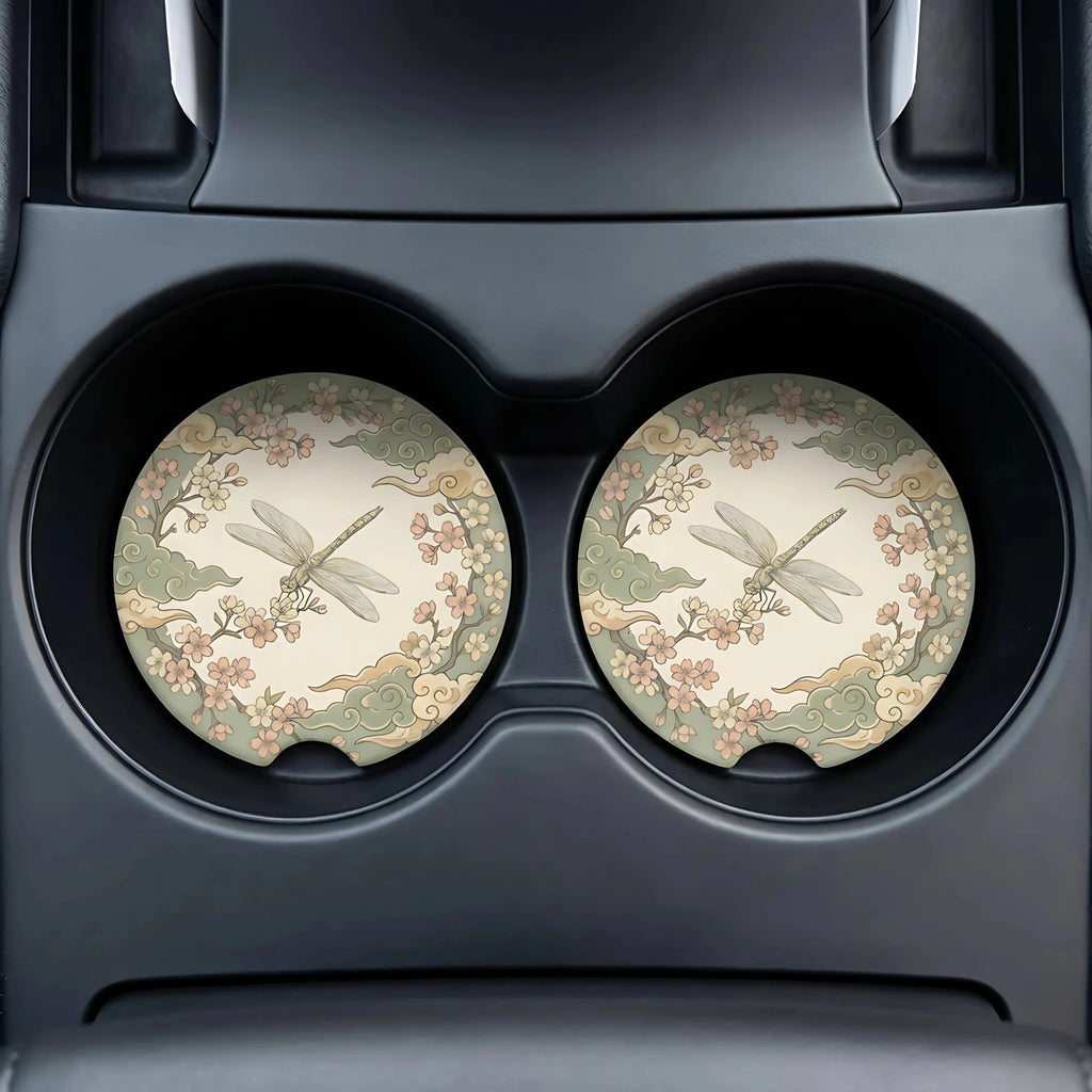 Vintage Dragonfly Floral Car Coasters Set - Road Muse