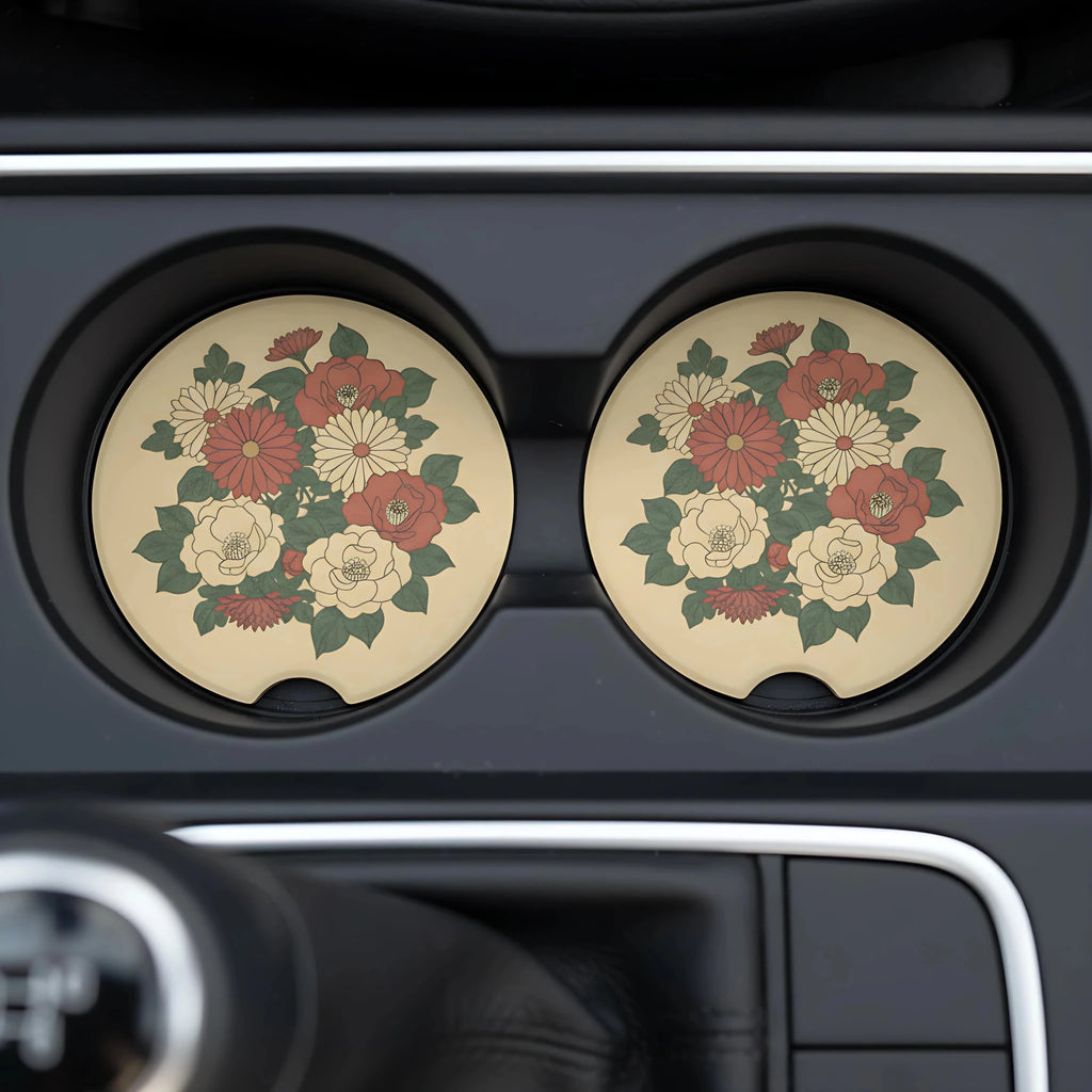 Vintage Floral Bouquet Car Coasters Set - Road Muse