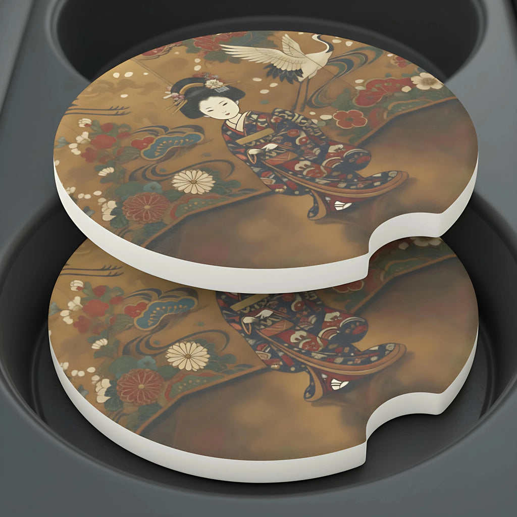 Vintage Geisha Crane Car Coasters Set - Road Muse