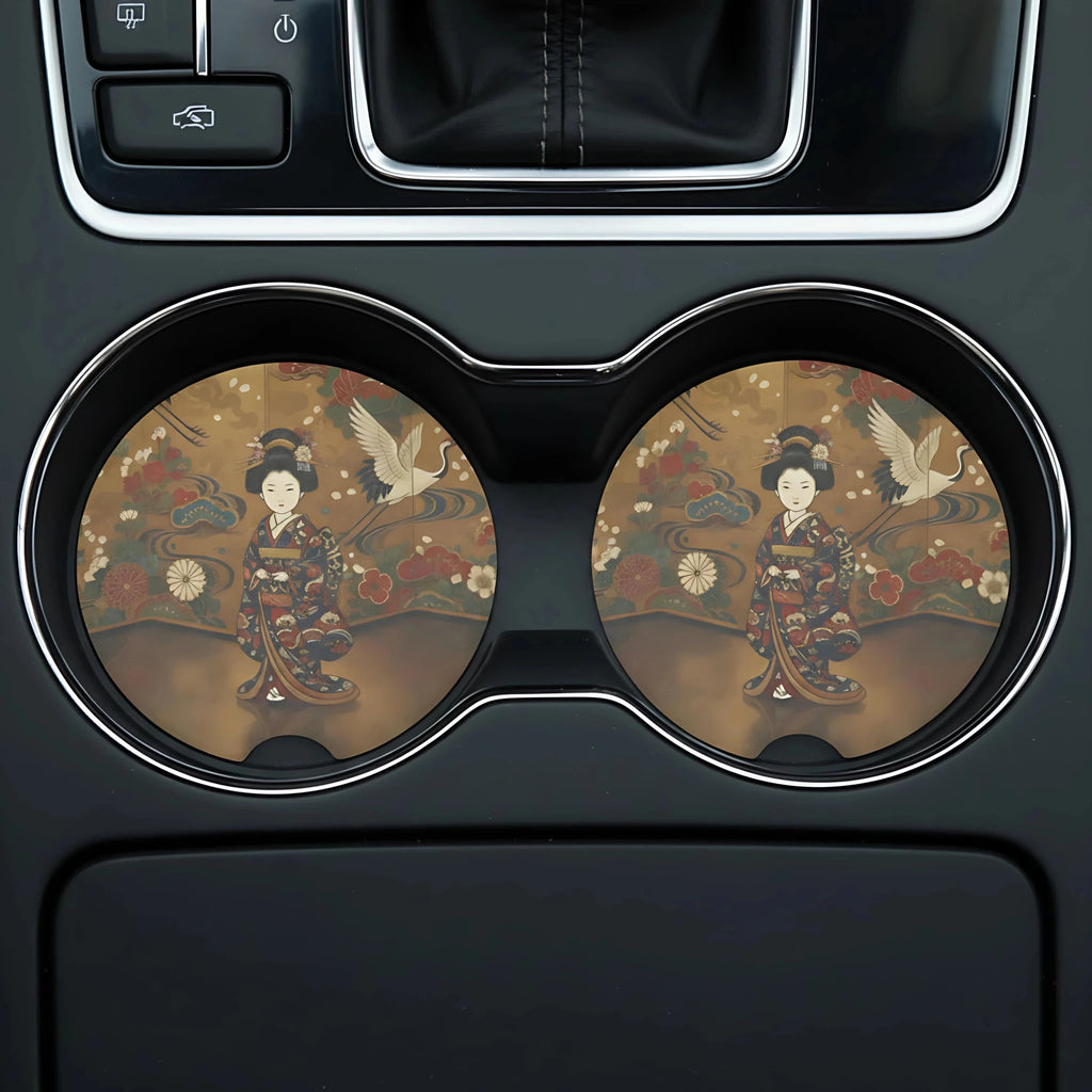 Vintage Geisha Crane Car Coasters Set - Road Muse