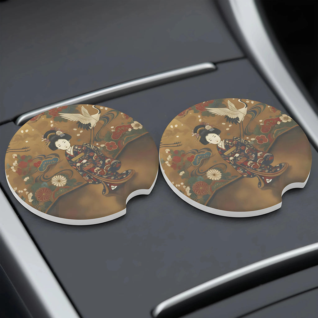 Vintage Geisha Crane Car Coasters Set - Road Muse