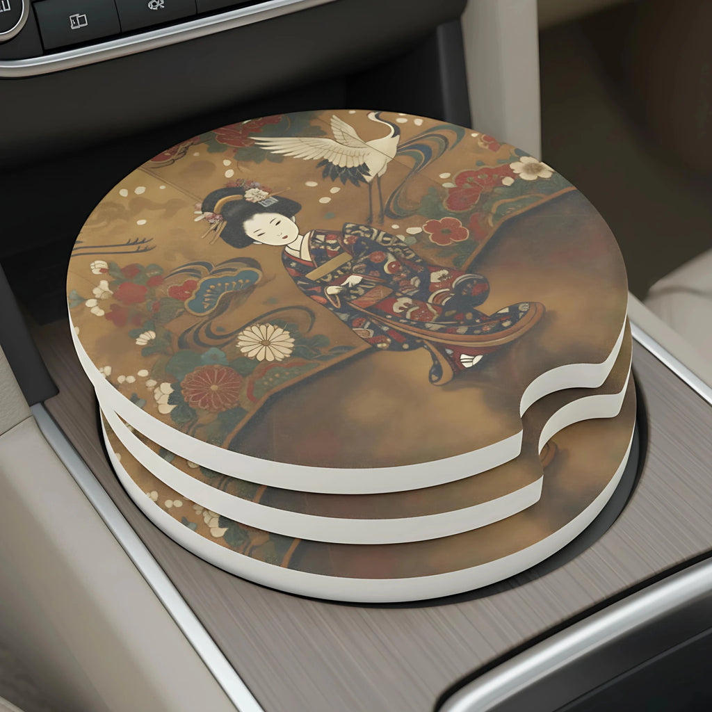 Vintage Geisha Crane Car Coasters Set - Road Muse