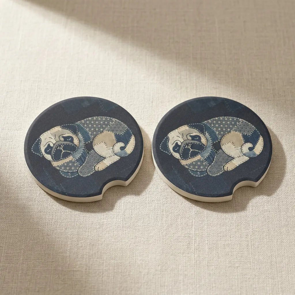 Vintage Pug Portrait Car Coasters Set - Road Muse