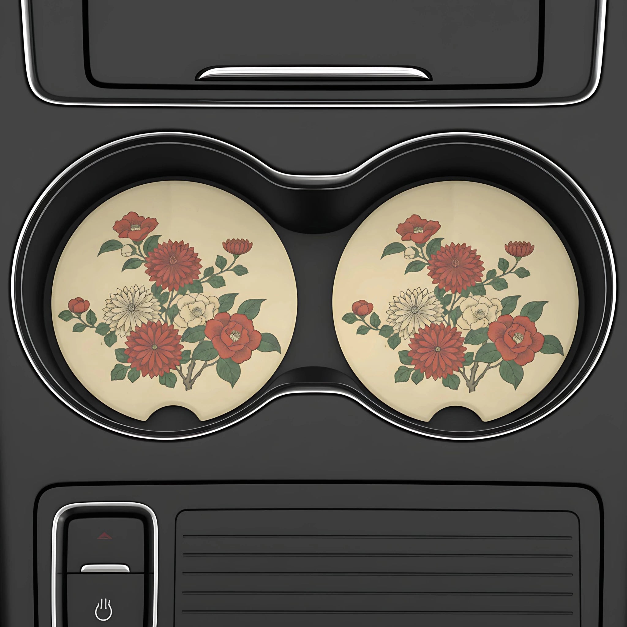 Vintage Red Floral Bouquet Car Coasters Set - Road Muse