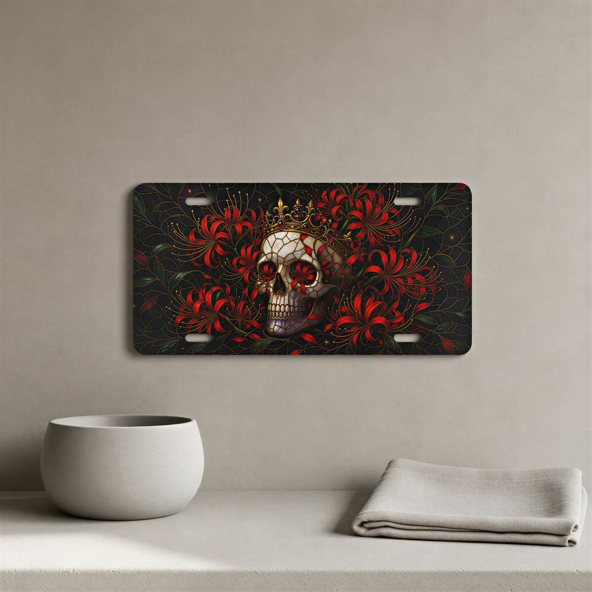 Skull Crown Red Flowers Vanity Plate