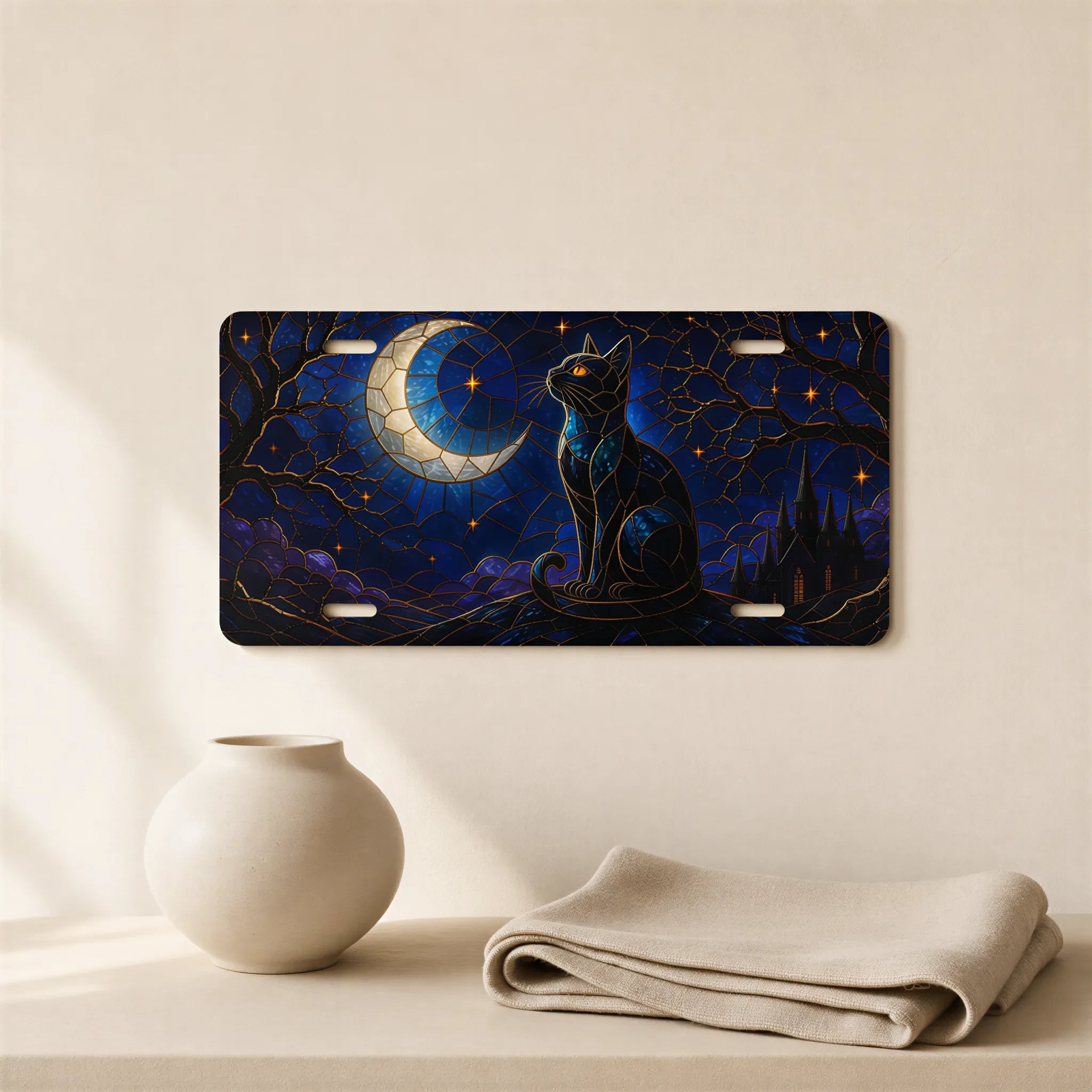 Moonlit Black Cat Crescent Moon Vanity Plate