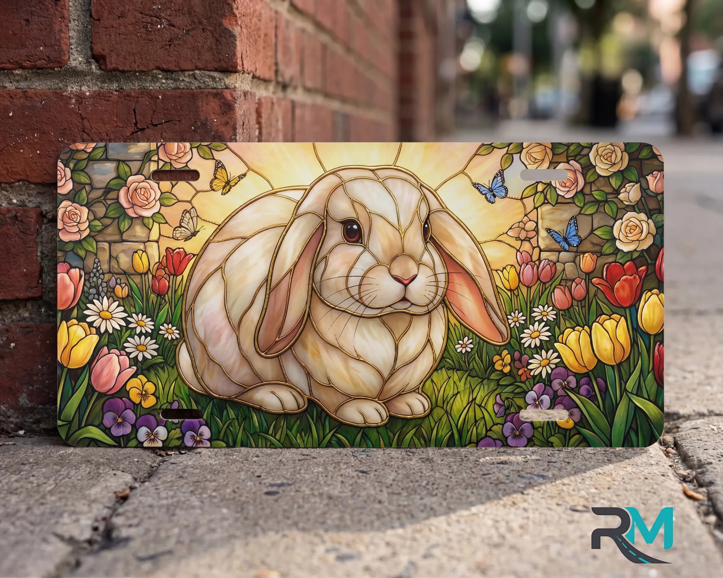 stained glass bunny vanity plate on wall close up — soft pastel rabbit tulip rose garden plate