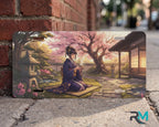 geisha tea ceremony sakura vanity plate on wall close up — soft pink cherry blossom anime license plate