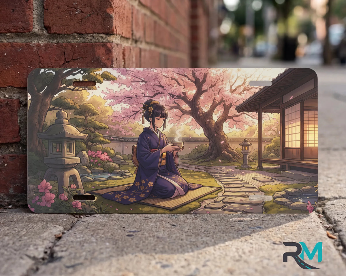 geisha tea ceremony sakura vanity plate on wall close up — soft pink cherry blossom anime license plate