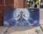 moonlit maiden celestial vanity plate on wall close up — soft indigo robed figure anime license plate