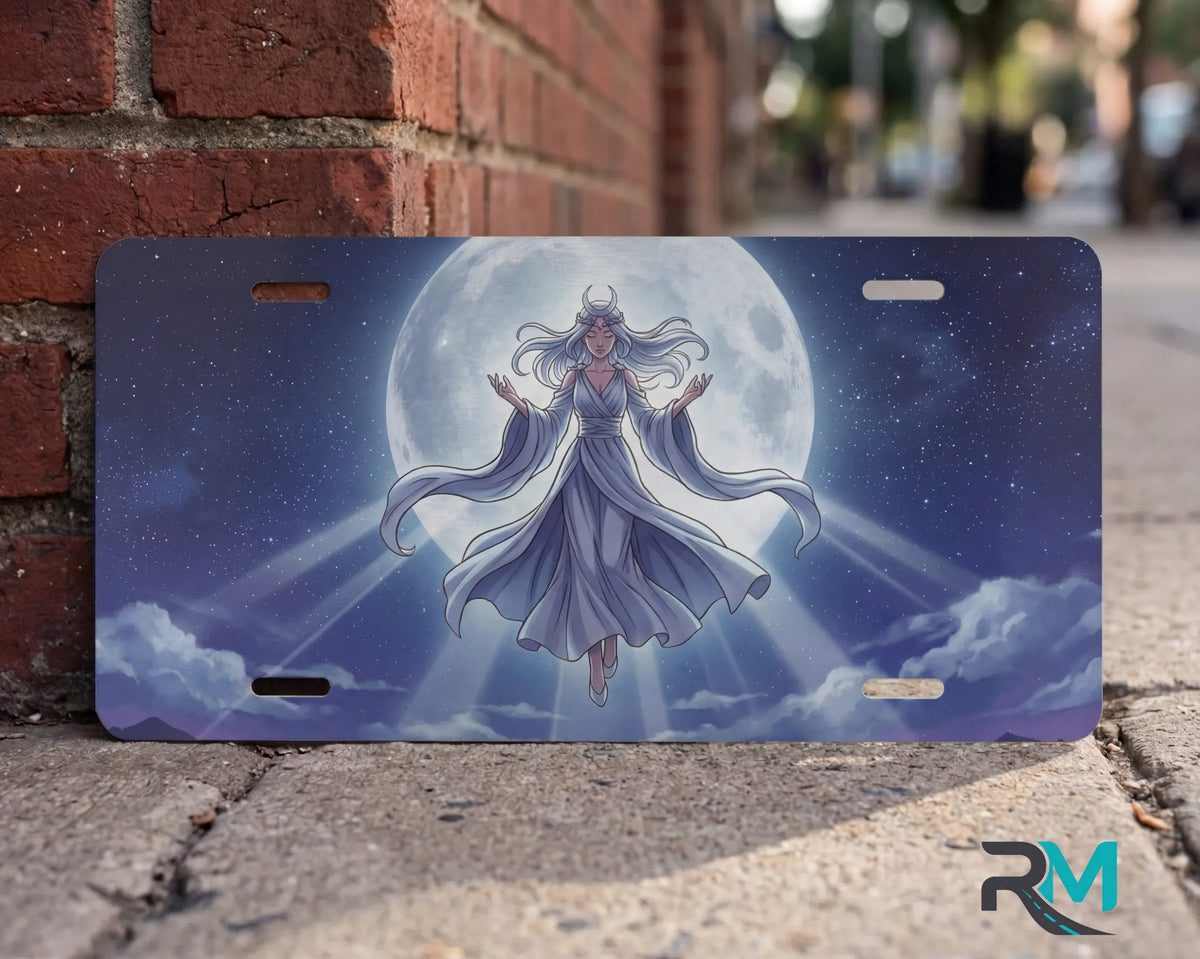 moonlit maiden celestial vanity plate on wall close up — soft indigo robed figure anime license plate