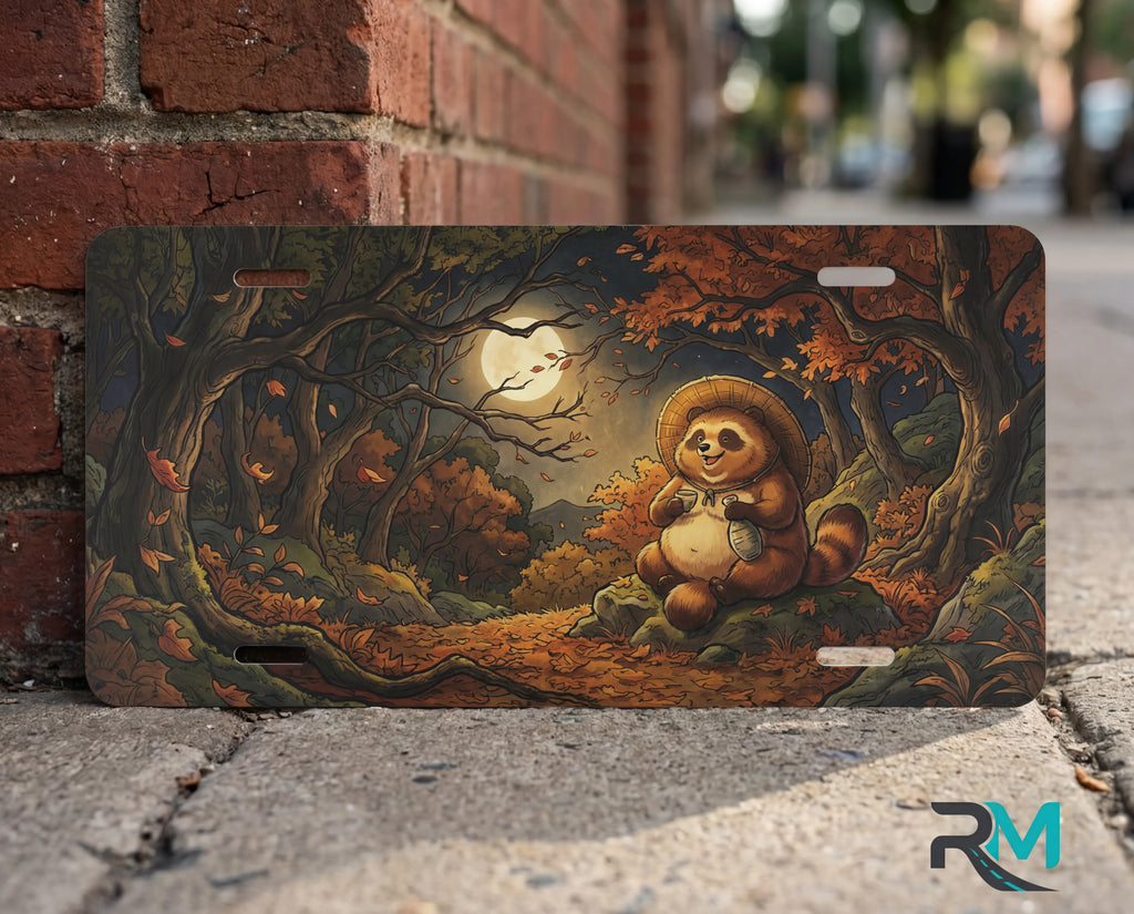 woodland tanuki moonlit forest vanity plate close up — smiling tanuki amber moonlit autumn folk art detail
