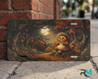 woodland tanuki moonlit forest vanity plate close up — smiling tanuki amber moonlit autumn folk art detail
