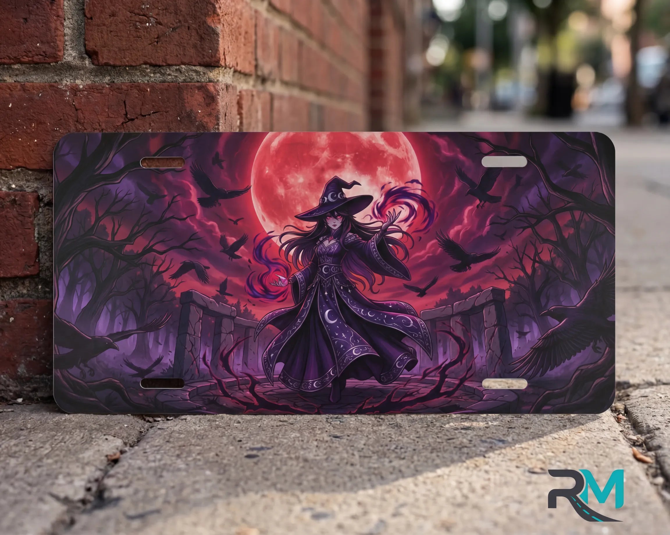 witch silhouette red moon vanity plate on wall close up — jewel purple witch gothic license plate