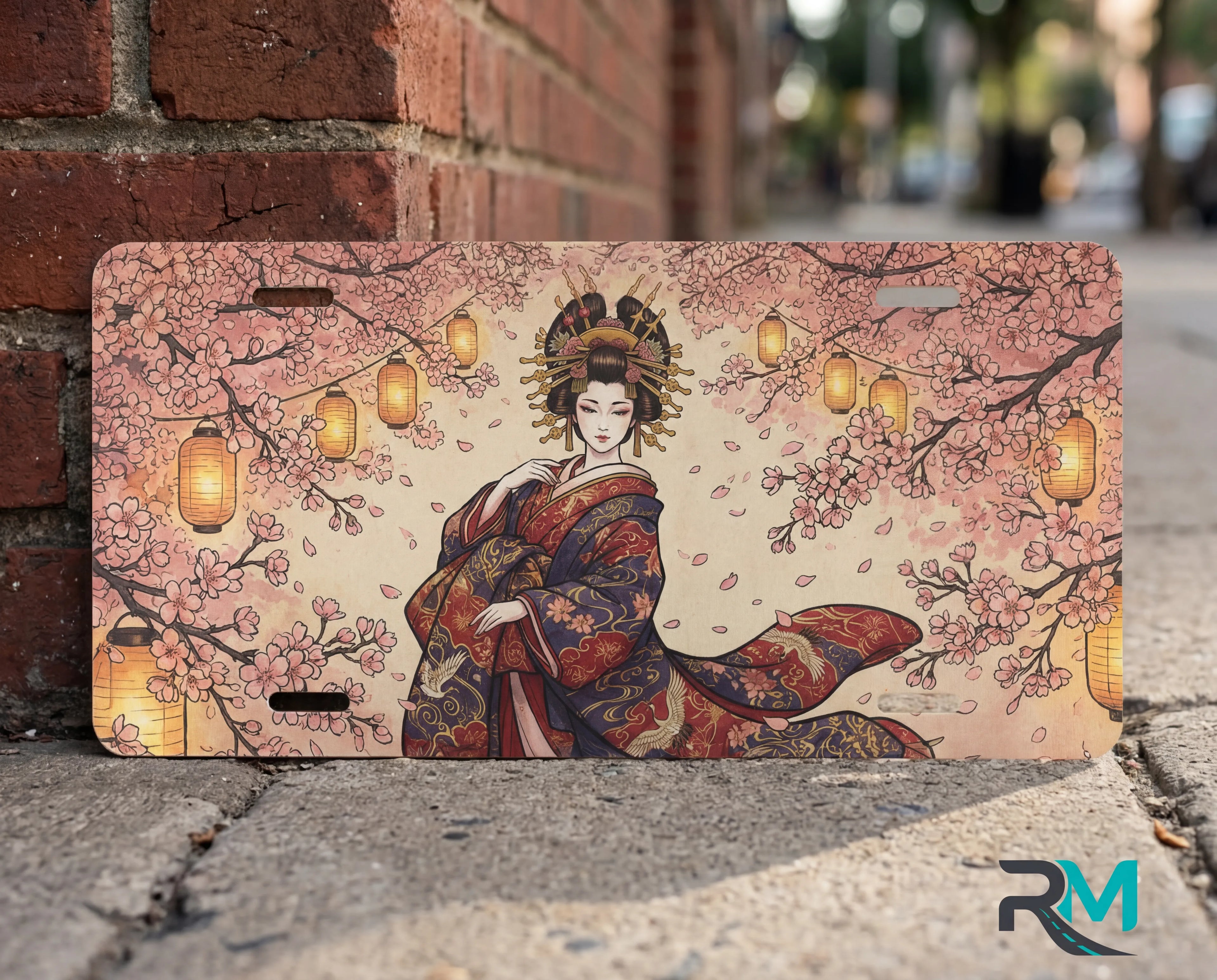 geisha cherry blossoms sakura lanterns vanity plate close up — soft pink kimono cherry blossom detail