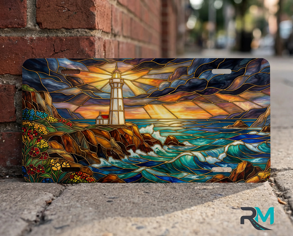 lighthouse stained glass seascape vanity plate on tire — vivid coastal blue lighthouse nautical license plate