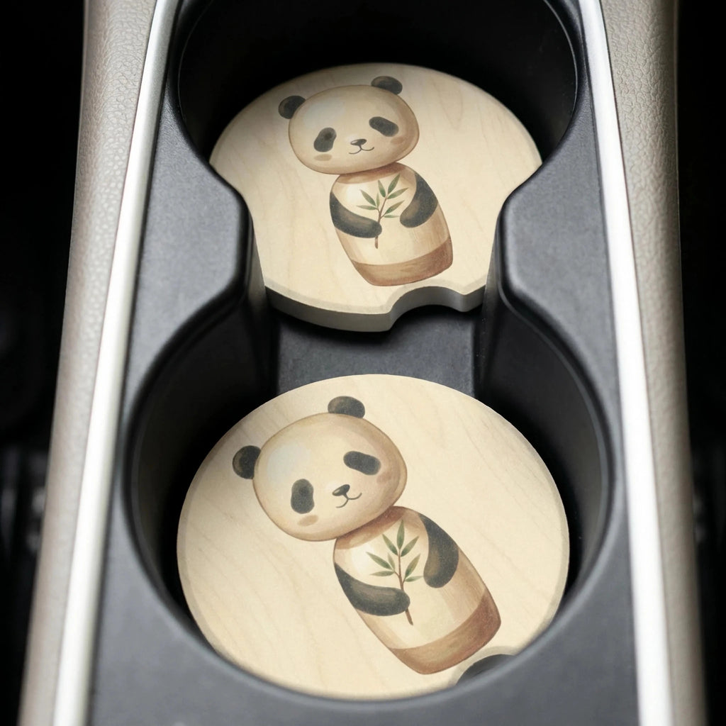 Watercolor Panda Bamboo Car Coasters Set - Road Muse