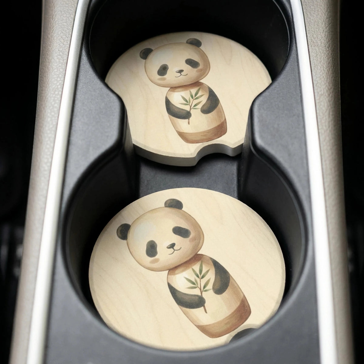 Watercolor Panda Bamboo Car Coasters Set - Road Muse