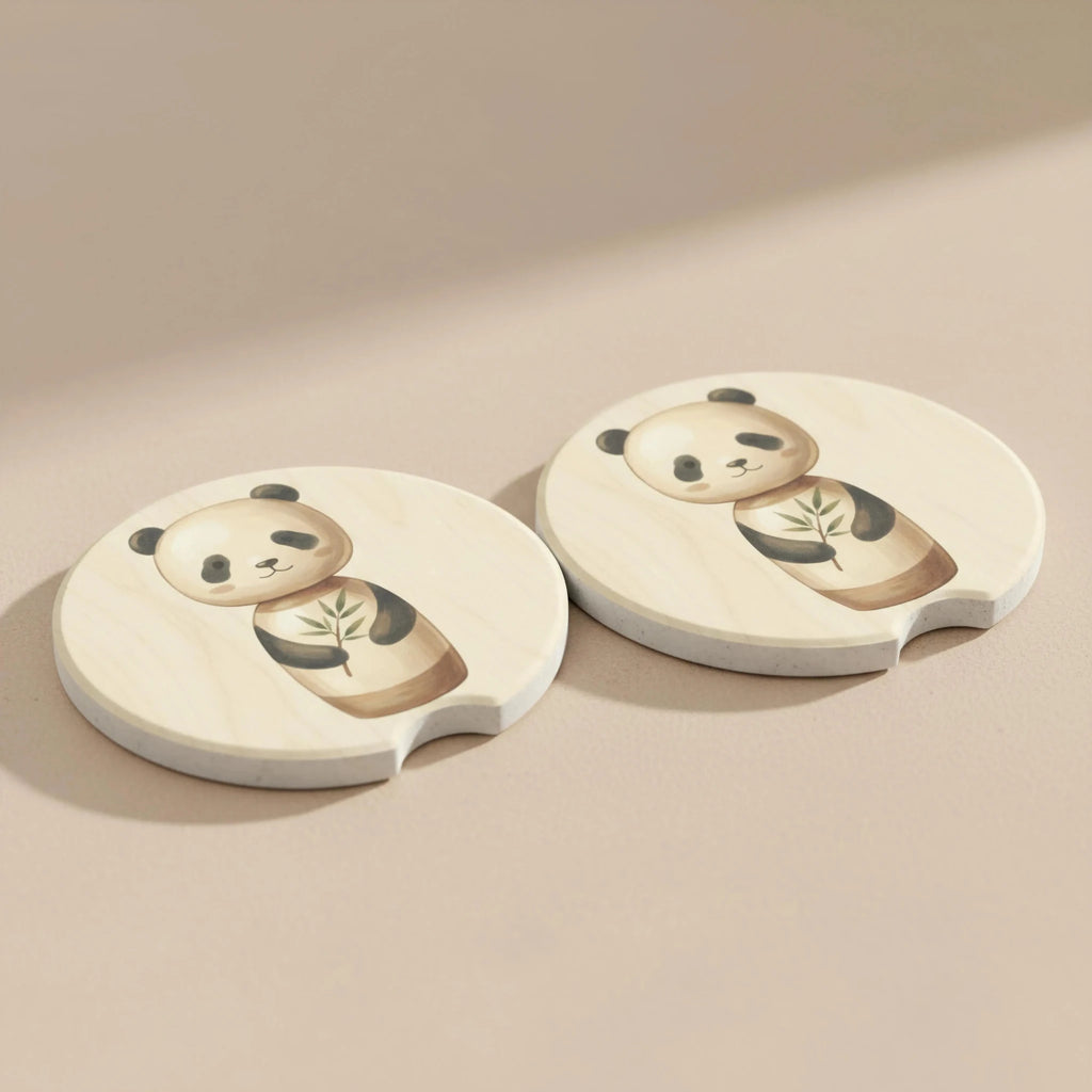 Watercolor Panda Bamboo Car Coasters Set - Road Muse