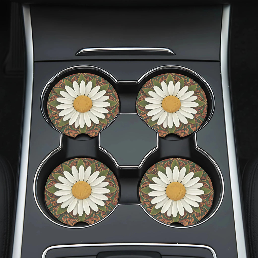White Daisy Mandala Car Coasters Set - Road Muse