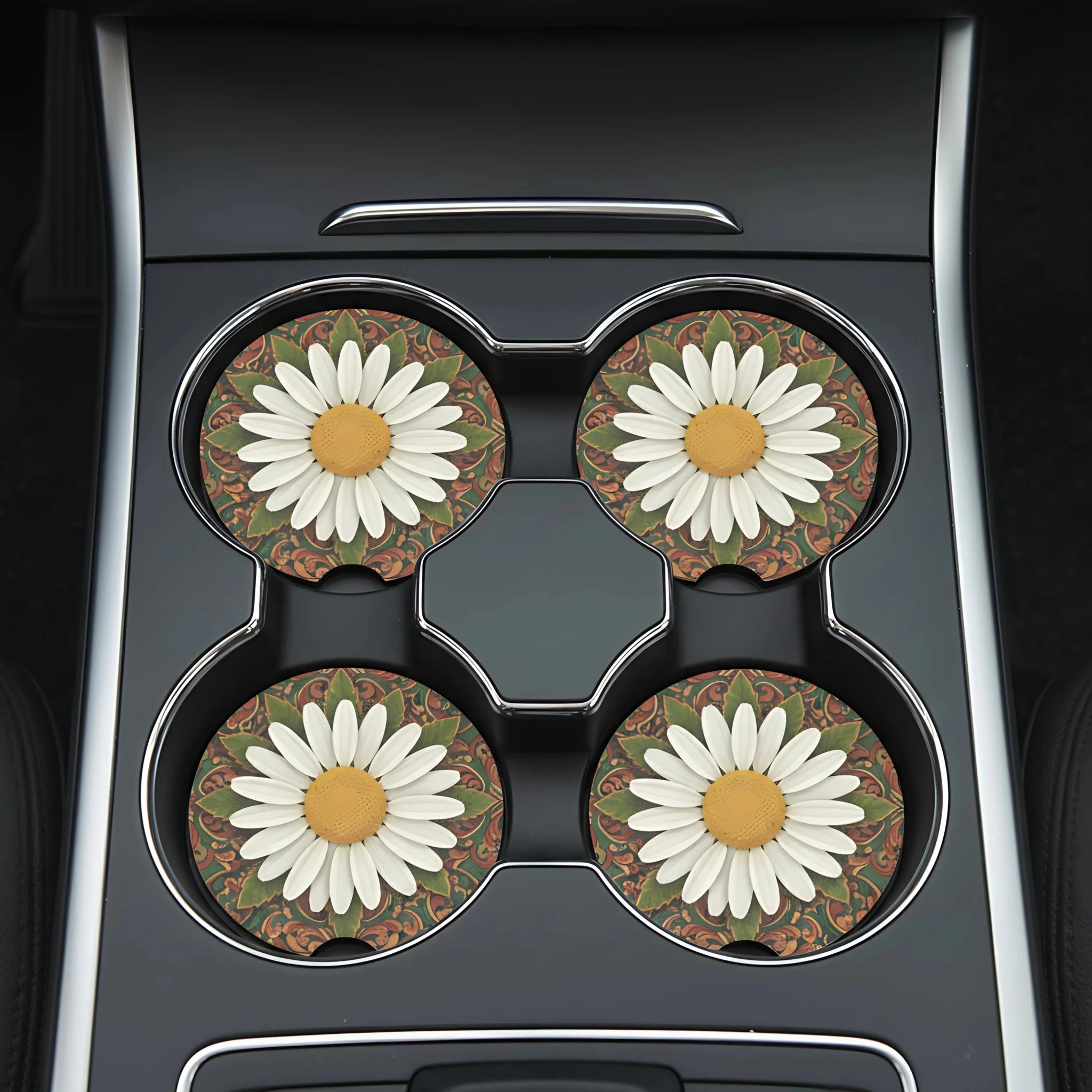 White Daisy Mandala Car Coasters Set - Road Muse