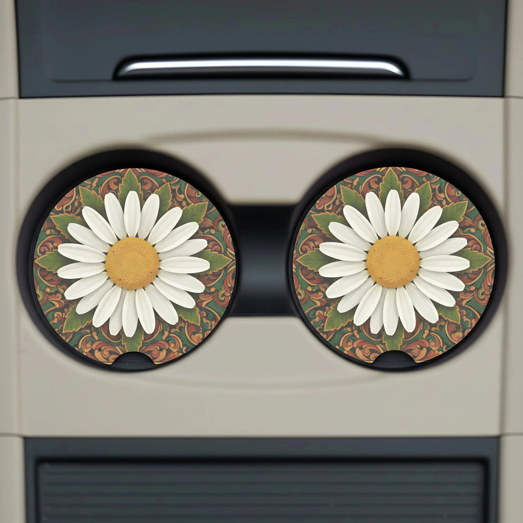 White Daisy Mandala Car Coasters Set - Road Muse